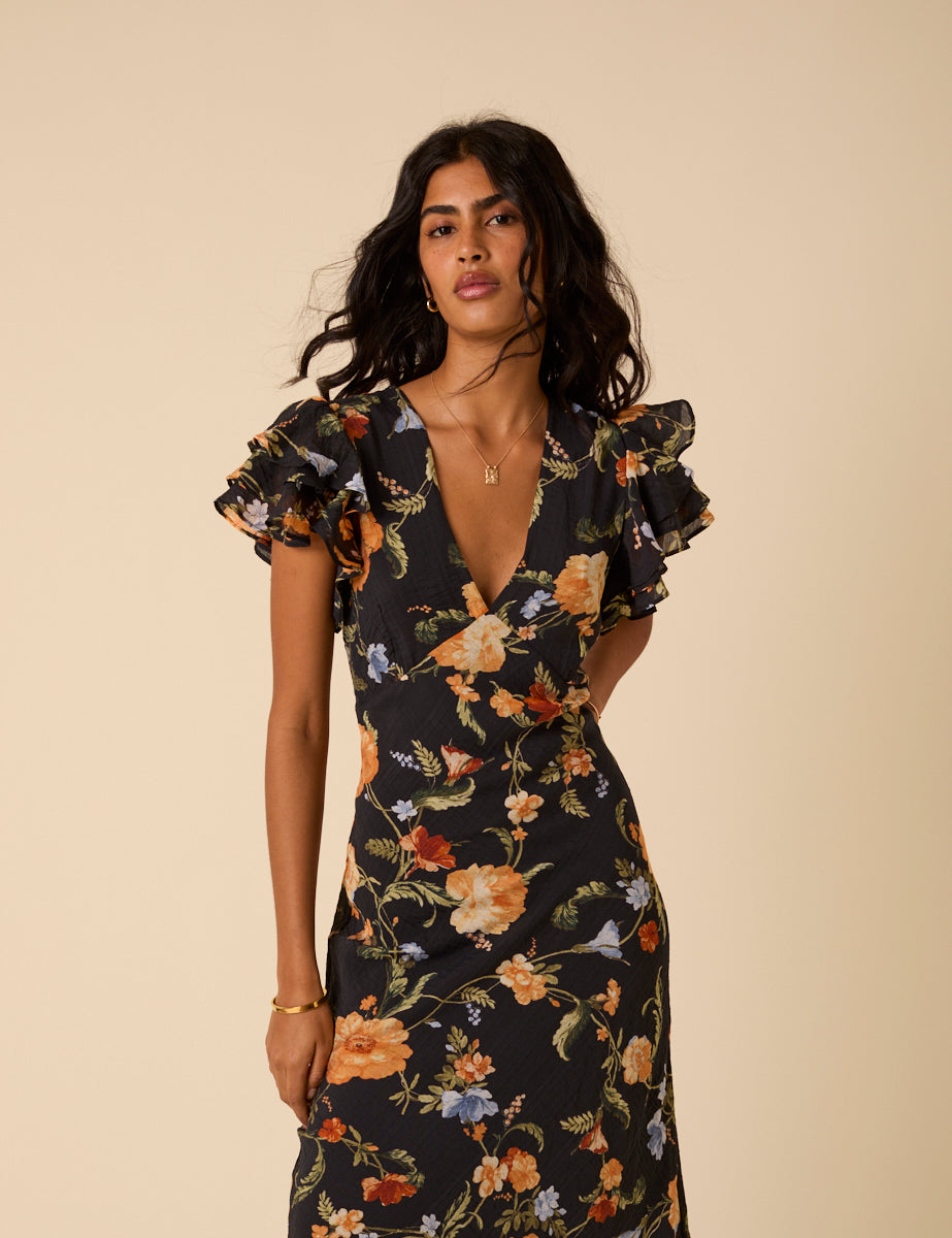 Black Floral Abbey Midi Dress Black Floral Abbey Midi Dress